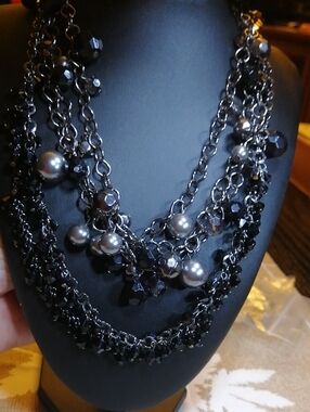 2 Statement Shiny Black Grey Necklaces Bundle
